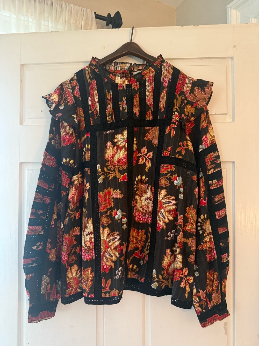 Sea New York Black Floral Ruffle-Trim Peasant Blouse